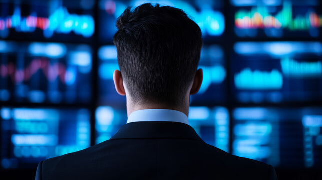 Businessperson analyzing Ruble cryptocurrency market trends on multiple digital screens 