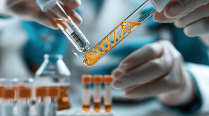 Close-up of scientists holding test tubes with DNA helix symbol in a laboratory setting, signifying genetic research or biotechnology applications.