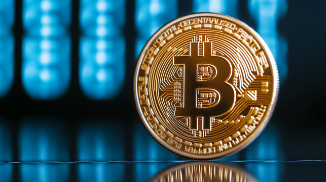 Closeup of a shiny Bitcoin coin with binary code in the background, emphasizing digital currency concept