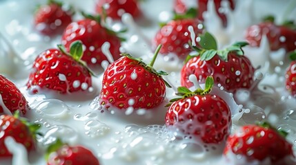 Ripe red strawberries splashing in milk under bright light