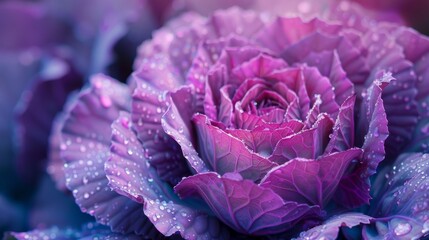 Close up of ornamental cabbage with dew drops in early morning light