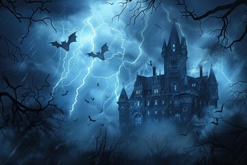 Fototapeta premium A dark, ominous castle with bats flying around, set against a stormy night sky with lightning