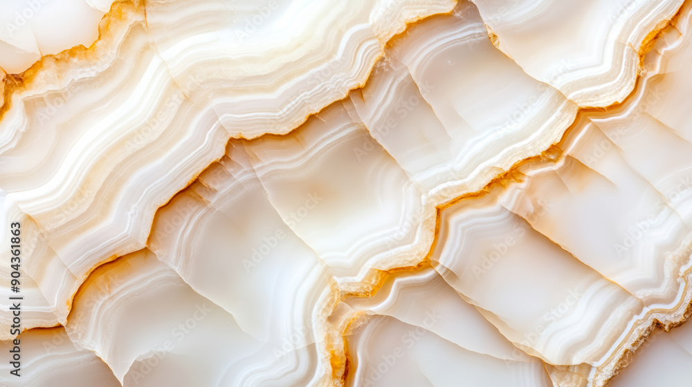 Poster top view of polished white onyx stone with flowing patterns of translucent white and subtle hints of