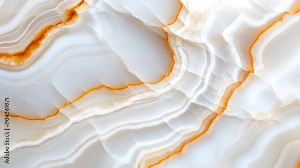 Poster top view of polished white onyx stone with flowing patterns of translucent white and subtle hints of