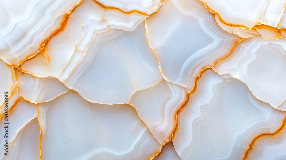 Poster top view of polished white onyx stone with flowing patterns of translucent white and subtle hints of