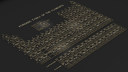 periodic table of the elements on black blackground,history of chemical elements, represents the atomic number and symbol.,3d rendering