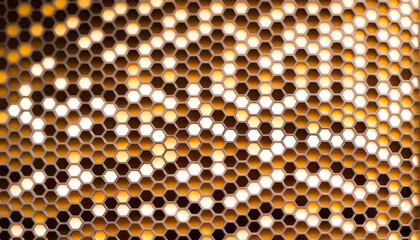 Metal Holed Grid Mesh Cellular-Shaped Artwork with Gold Color Illuminated Background for Modern and Futuristic Design Aesthetics