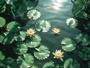 water lilies floating on a body of water, with their leaves submerged and their flowers blooming above the water surface.