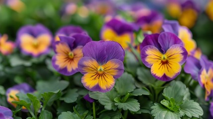 Vibrant close-up of violet and yellow spring flowers in bloom
