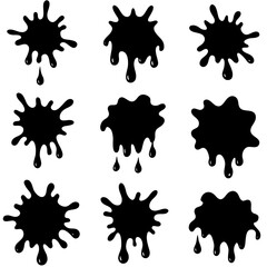 A collection of black ink splashes is present on a white background