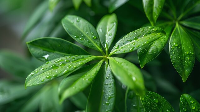 Fresh schefflera foliage with raindrops in a lush indoor setting