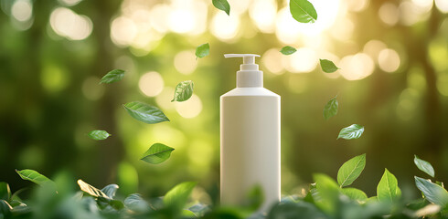 "White Eco-Friendly Bottle of Shampoo Surrounded by Green Leaves"