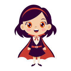 A cartoon girl in a vampire costume is smiling and holding a cape. She looks happy and playful