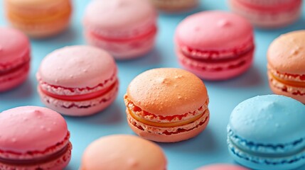 Obraz premium Colorful macarons arranged on a light blue paper backdrop