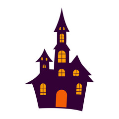 A creepy, spooky castle with a large, orange door. The castle is surrounded by a white background