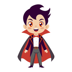 A cartoonish boy in a vampire costume is standing with his mouth open and teeth showing. He is wearing a black cape and a bow tie