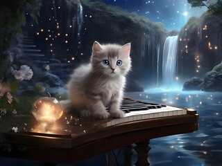 endearing kitten on piano with peaceful waterfall and starry night