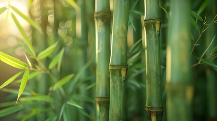 Lush green bamboo shrub in a sunlit forest during early morning