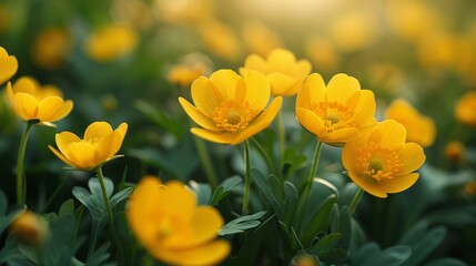 Bright yellow buttercup flowers blooming in spring sunshine
