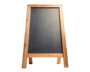 A rustic wooden blackboard sign with a blank surface, ideal for cafes, restaurants, or shops to display daily specials or promotions. Isolated on transparent background, png.