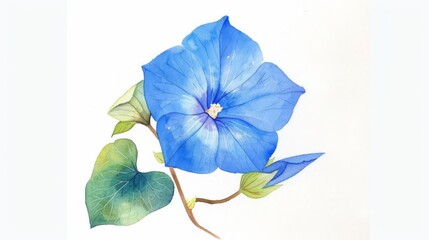 a chibi morning glory, watercolor art, serene blue, isolated on white background