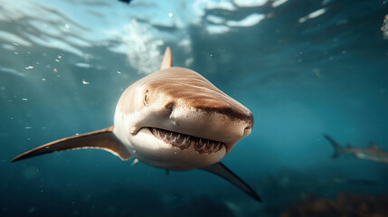 Close-up underwater shot of a shark swimming in the ocean, showing its teeth and a curious expression. Another shark is visible in the background.