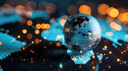 A glowing globe representing global connectivity, surrounded by digital elements and soft bokeh lights, ideal for technology themes.