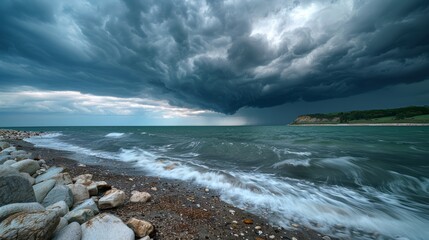 Storm clouds over tranquil seascape at dusk near rocky shoreline