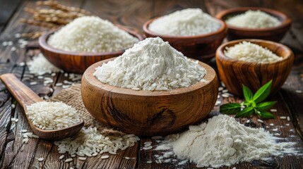 Fototapeta premium Rice flour and white rice displayed on rustic table with natural light