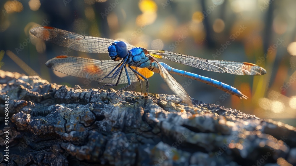 Poster large blue dragonfly resting on a parched tree trunk in a calm natural setting