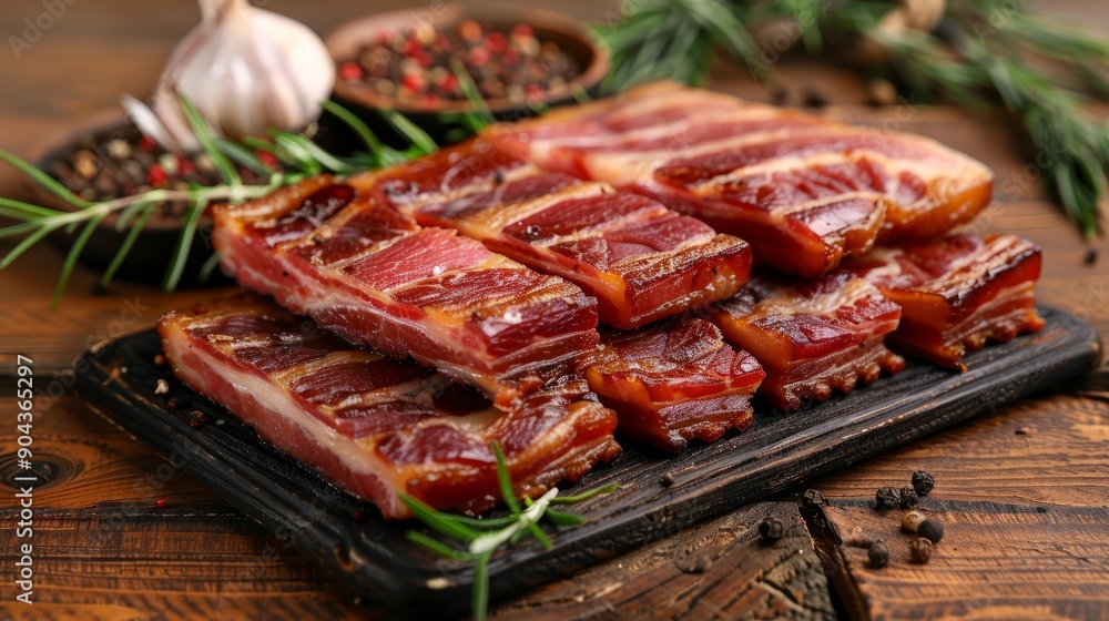 Poster smoked bacon displayed on rustic wooden table with spices and herbs
