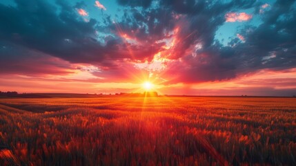 Fototapeta premium Stunning sunset over fields under cloudy skies