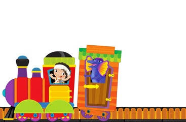 Cartoon funny looking colorful train locomotive wagon with dino dinosaur animal lizard and caveman conductor on tracks isolated illustration for children