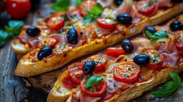 Savoring delicious pizza baguettes with olives, tomatoes, and ham on a rustic wooden table