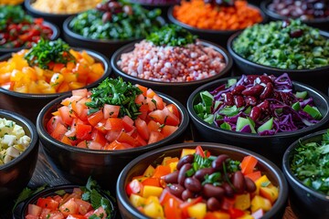 Colorful Bowls of Fresh Chopped Vegetables and Herbs Arranged Neatly for a Vibrant Salad Preparation