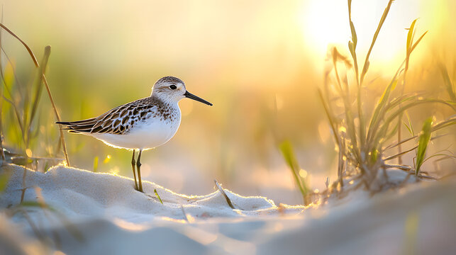 A sandpiper enjoying the morning sun on the beach