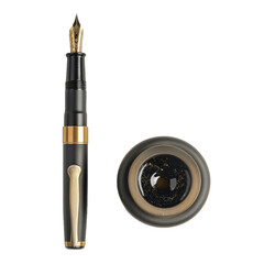 Stylish fountain pen and inkwell isolated on transparent background top view