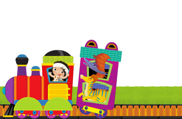 Cartoon funny looking colorful train locomotive wagon with dino dinosaur animal lizard and caveman conductor on tracks isolated illustration for children