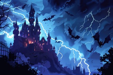 A dark, ominous castle with bats flying around, set against a stormy night sky with lightning