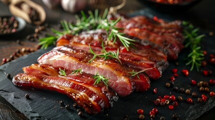 Smoked bacon garnished with fresh herbs on rustic wooden table
