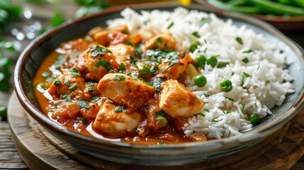 Chicken in tomato sauce served with rice on a wooden table