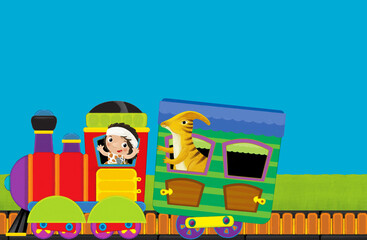 Cartoon funny looking colorful train locomotive wagon with dino dinosaur animal lizard and caveman conductor on tracks isolated illustration for children