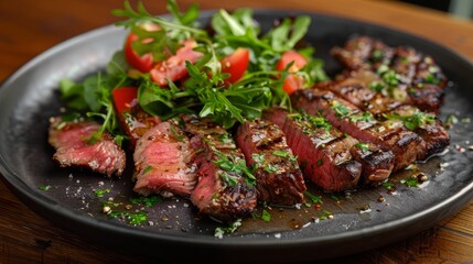 Grilled beef steak slices with fresh salad served on a plate