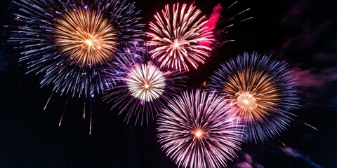 Colorful fireworks burst in the night sky.