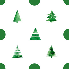 Seamless pattern with naive stylized Christmas trees, painted in watercolor. Watercolor children's Christmas trees in a seamless illustration. An idea for festive decoration and creating prints.
