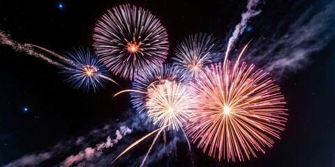 Fototapeta premium Colorful fireworks explode in the night sky, creating a dazzling display.