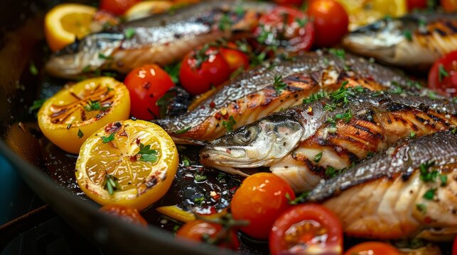 Close up of grilled kippers with cherry tomatoes and lemon slices in a pan