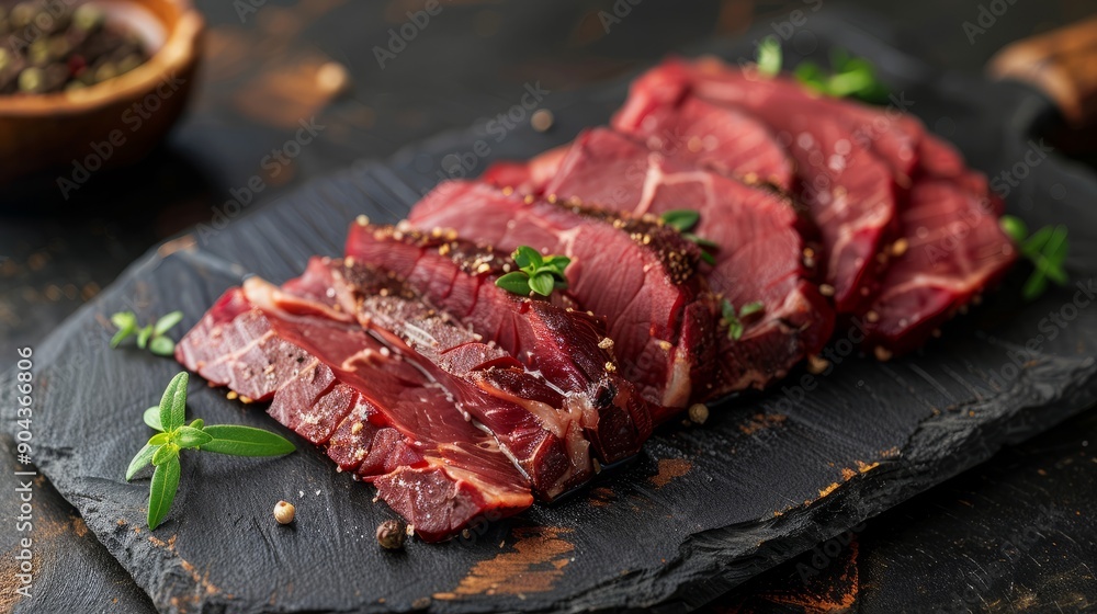 Poster sliced roast beef served on dark slate with fresh herbs on a rustic table