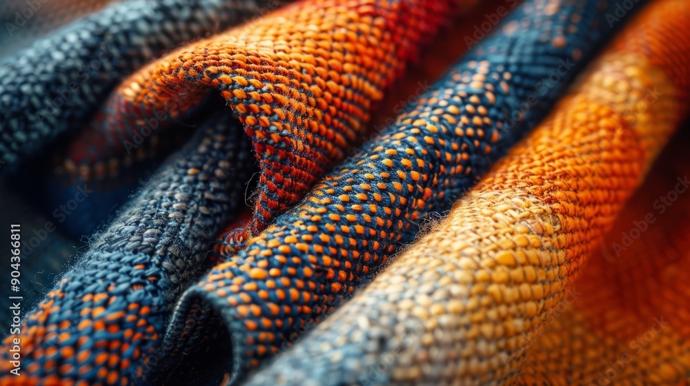 Poster close up of colorful textile pattern detailed with warm tones and textured weave