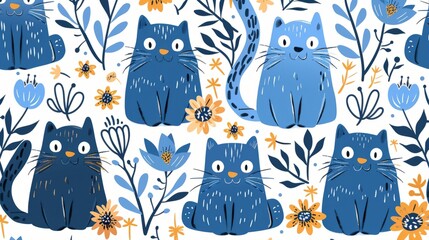 Cheerful blue cat characters amidst floral pattern in playful design
